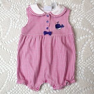 Vintage 1990s Small Steps Baby Girl 12 Months Pink Gingham Whale Bubble Romper